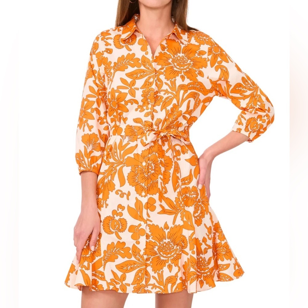 1.STATE Orange White Floral Cotton Peplum Dress Women‎ M Button Front